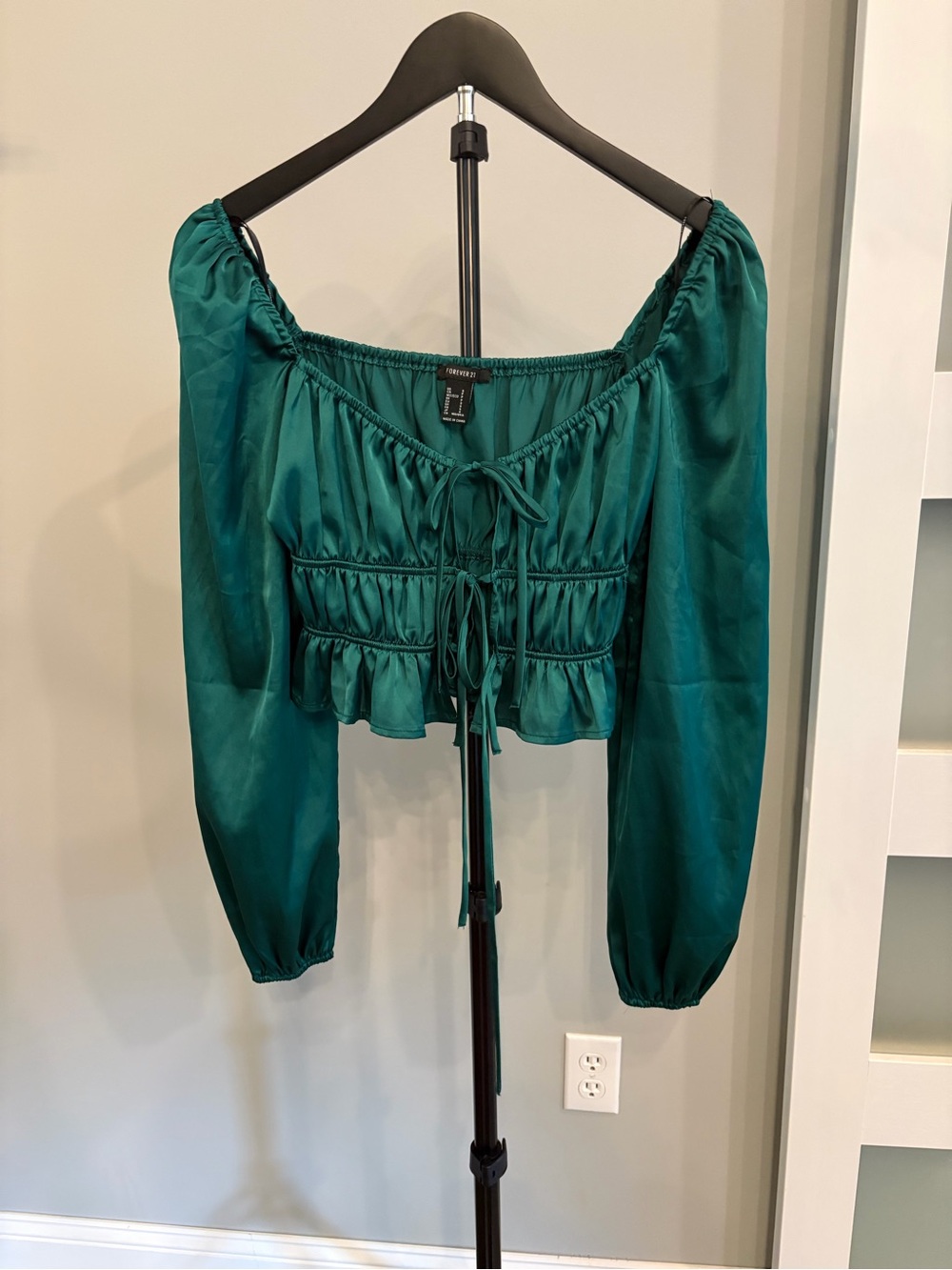 Forever 21 Teal Satin Peasant Blouse
